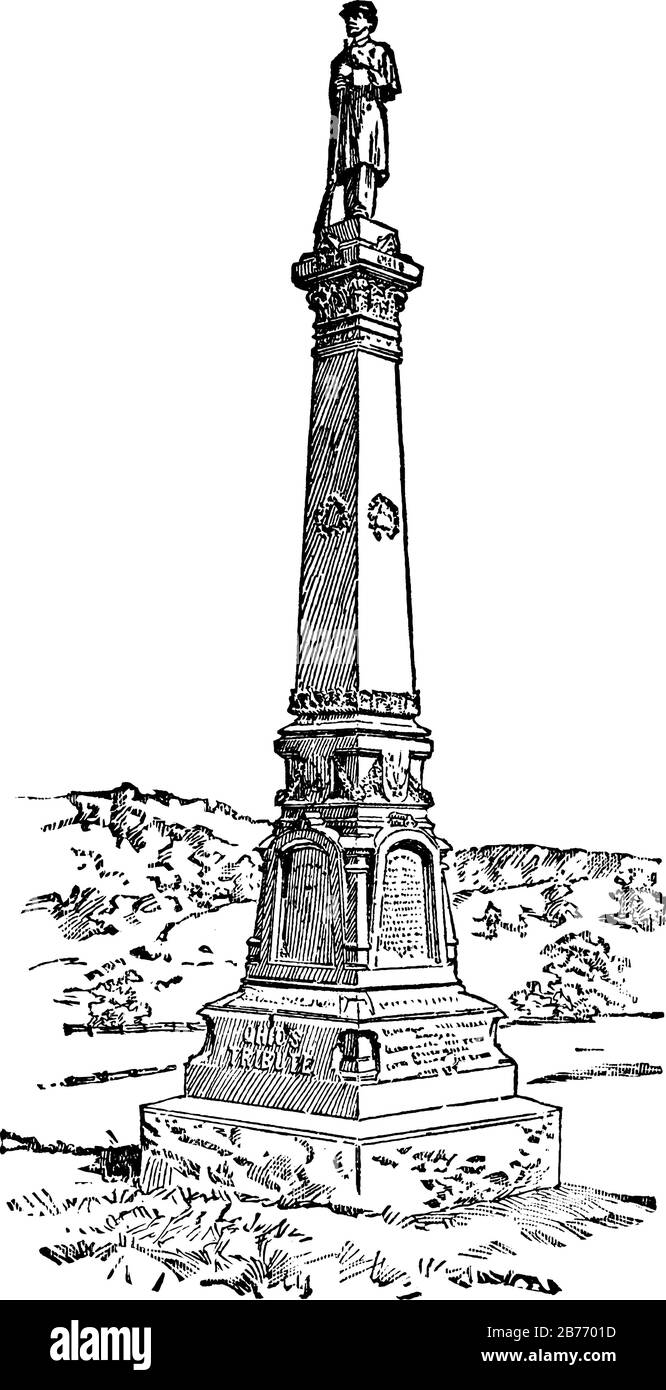 A historical monument built in the memory of soldiers died in the battle of Gettysburg. A statue of soldier is visible on the top of the Monument, vin Stock Vector