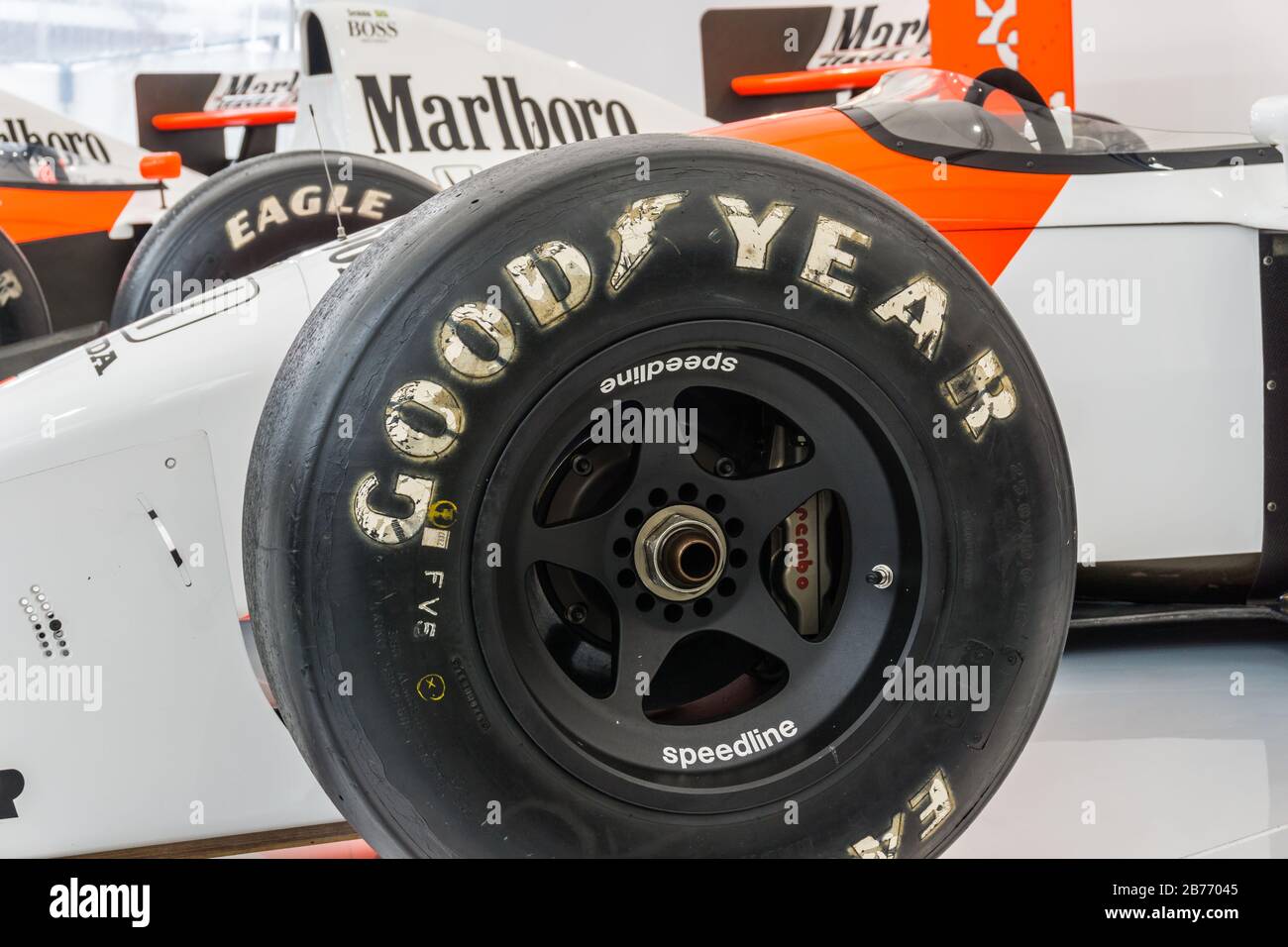 Close up detail of a McLaren Honda MP4/7 in the Honda Collection Hall in Suzuka, Japan, with an MP4-5 in the background. Stock Photo