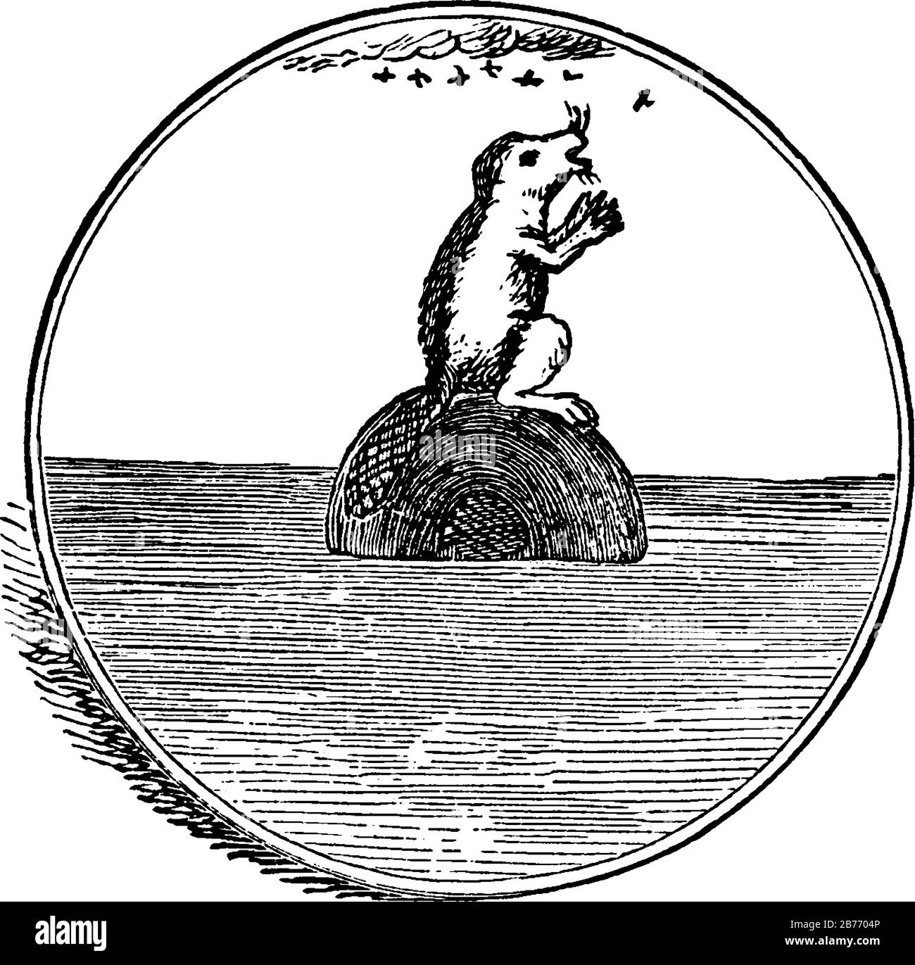 A beaver totem on top of a timber in the water. it is the representation of the Huron tribe of Native Americans, vintage line drawing or engraving ill Stock Vector