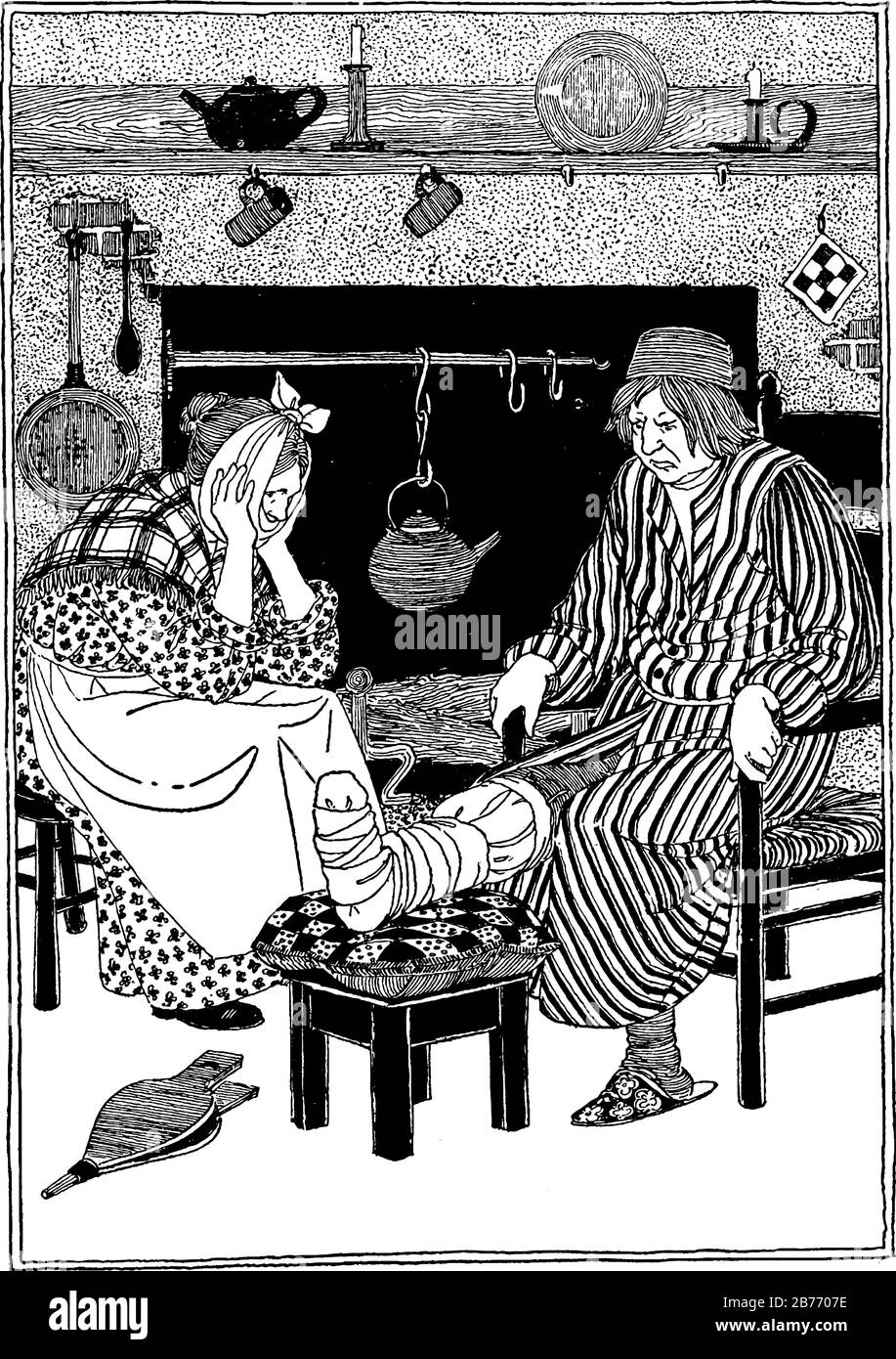 The picture depicts a scenario taken place on a rainy day, when the fire is out, Jane has the toothache and John has the gout, vintage line drawing or Stock Vector