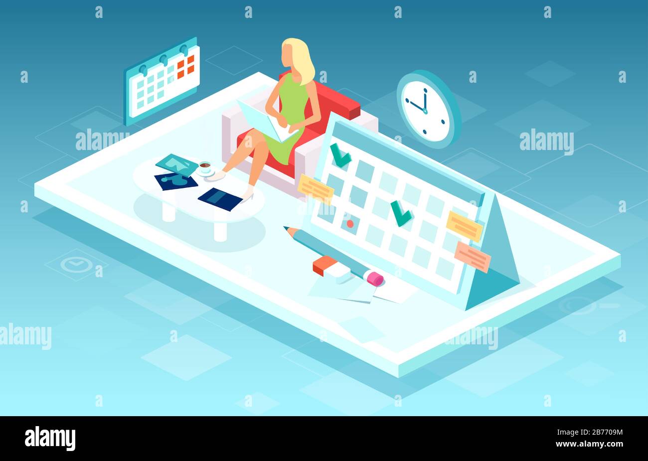 Vector of a business woman working on laptop computer making agenda on