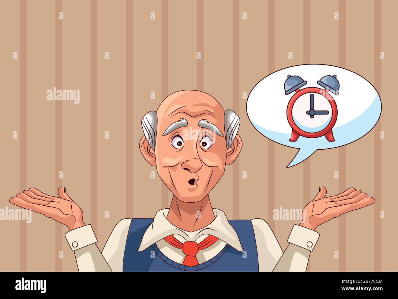 old man patient of alzheimer disease with alarm clock Stock Vector