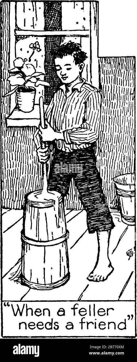 The picture depicts, a boy churning butter on his front porch, with the