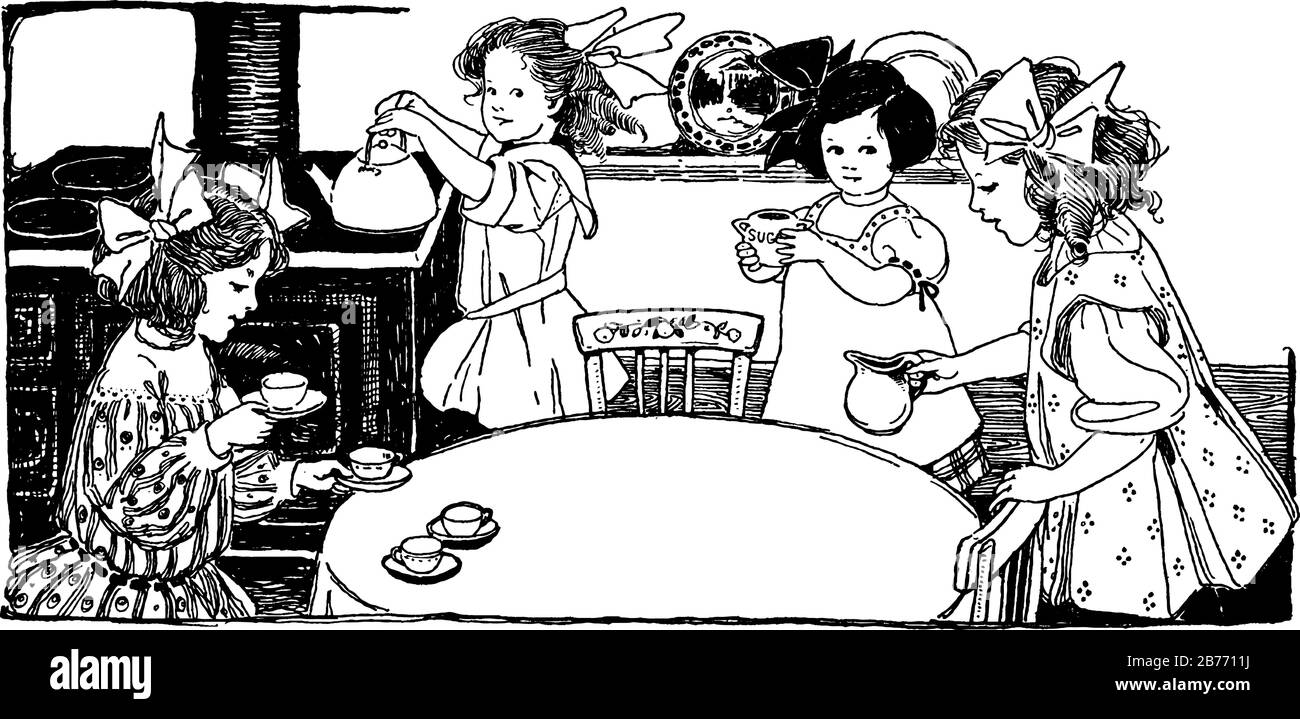 Four girls in the kitchen having a tea party in three different size of images in it, its showing four girls in the kitchen playing with tea set, vint Stock Vector