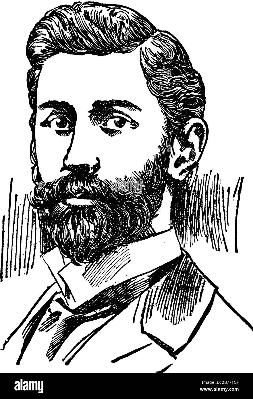 The picture depicts a man with a moustache and beard, wearing a coat