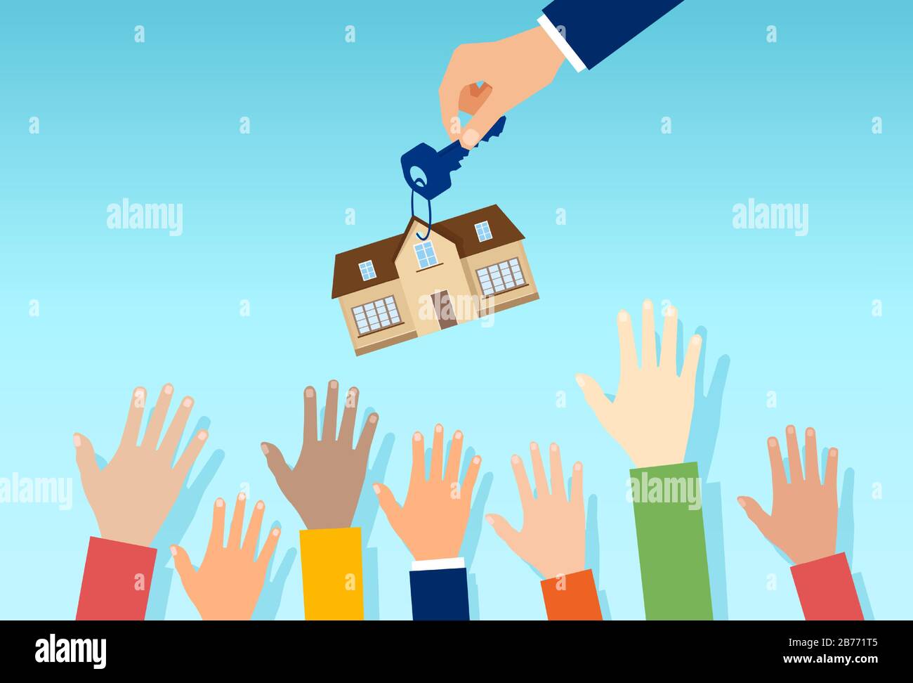Vector of a real estate agent with house key offering property for sale to a crowd of interested people Stock Vector