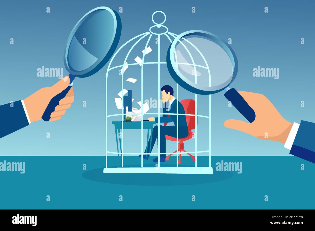 Vector of a business man working at desk trapped inside birdcage being observed by managers Stock Vector