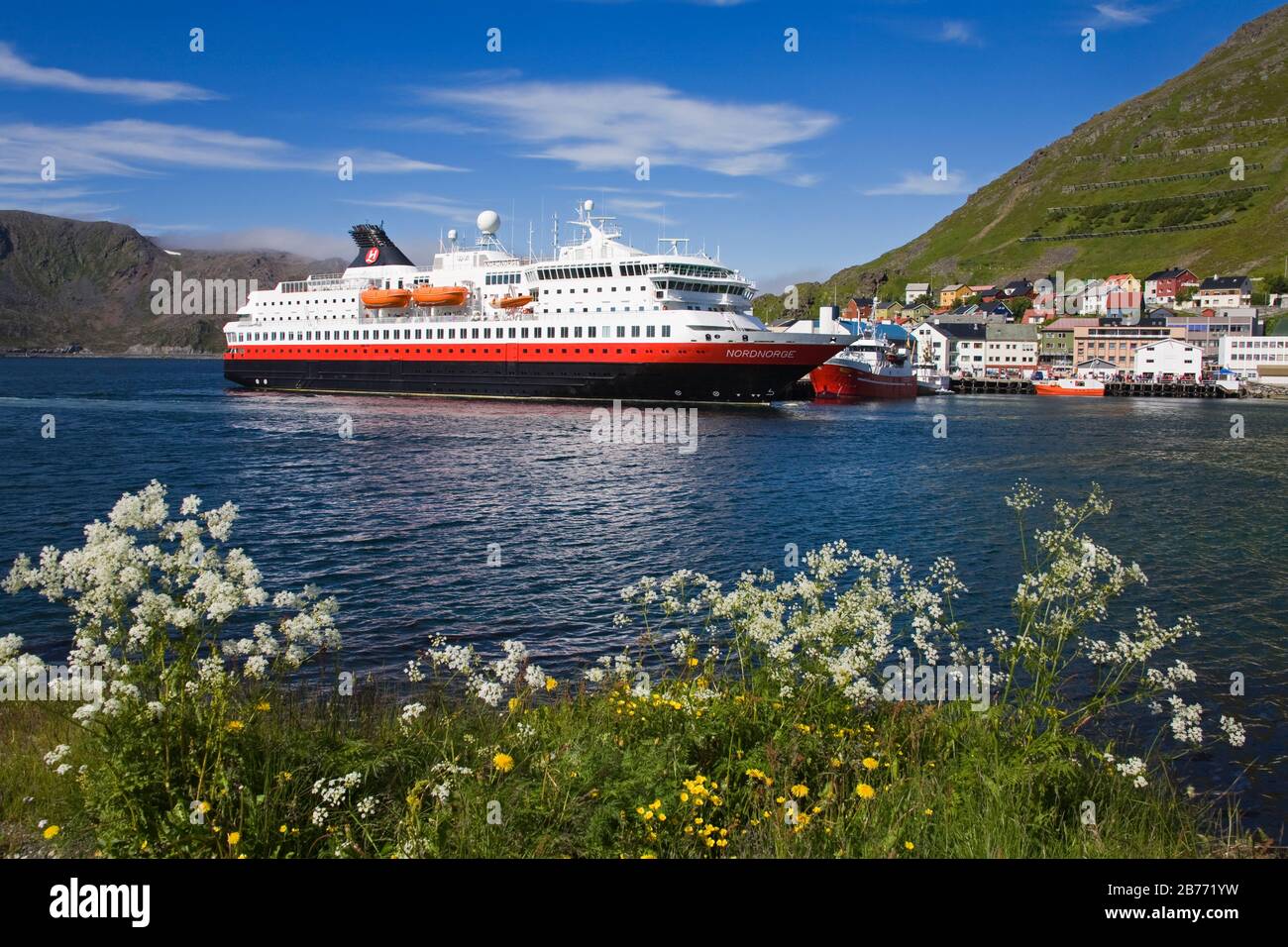 Hurtigruten Ferry, Honningsvag Port, Mageroya Island, Finnmark Region, Arctic Ocean, Norway, Scandinavia Stock Photo