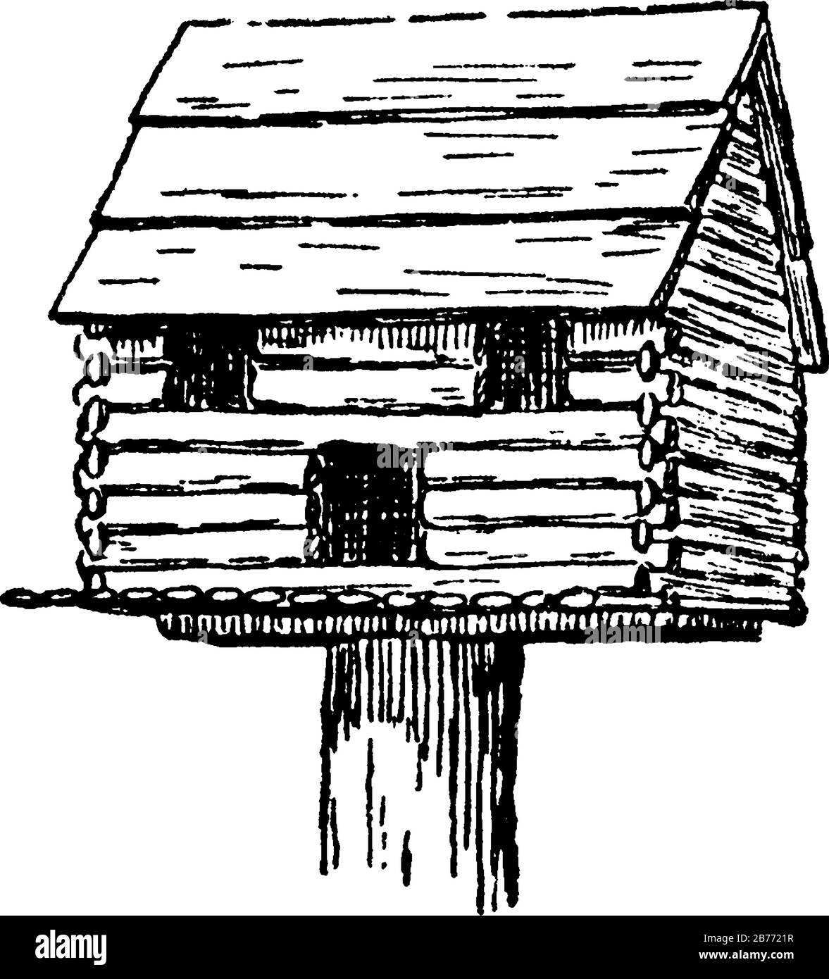 One type of birdhouse modelled to look like an actual house, preserves species and helps the birds to be out of danger, vintage line drawing or engrav Stock Vector