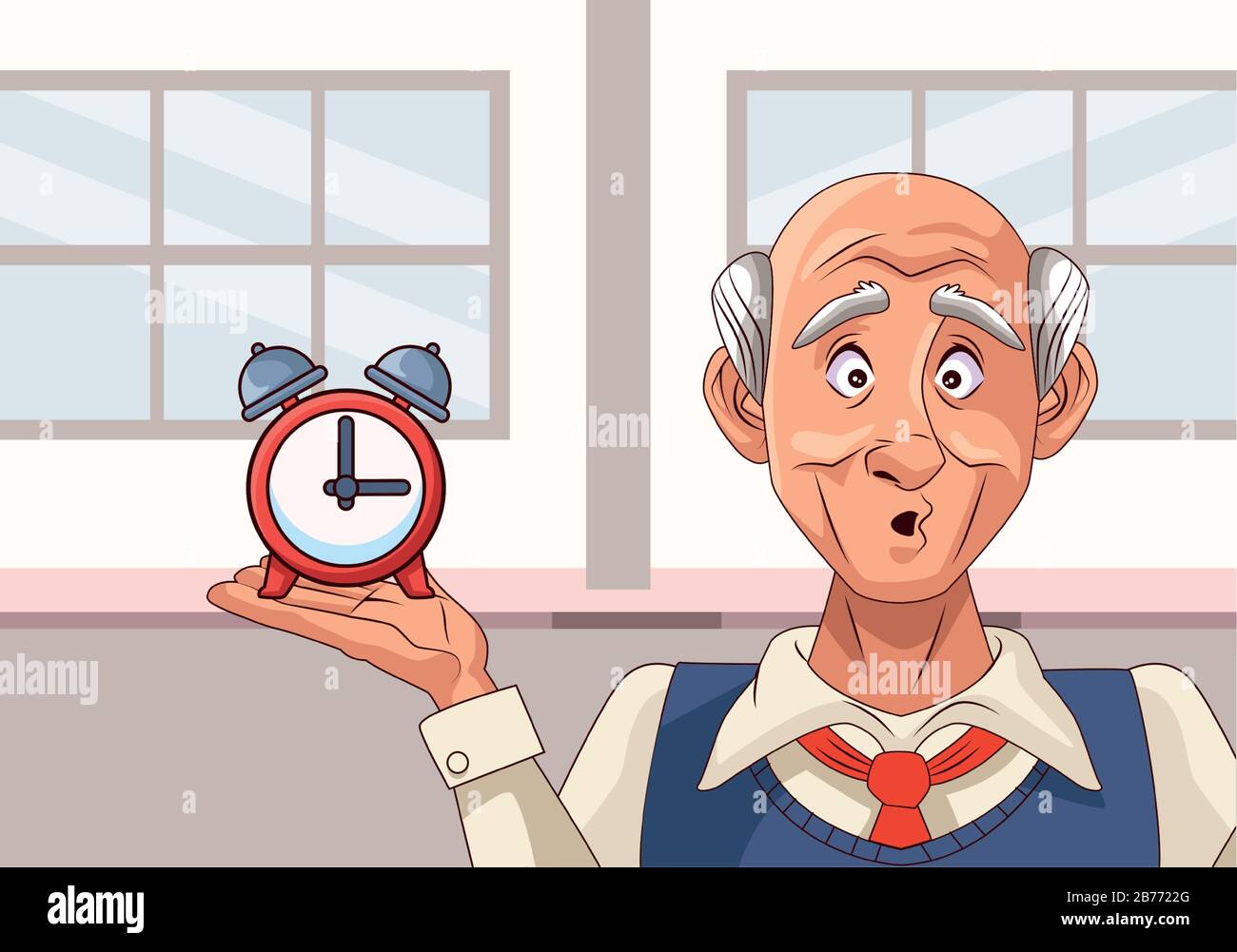 old man patient of alzheimer disease with alarm clock Stock Vector