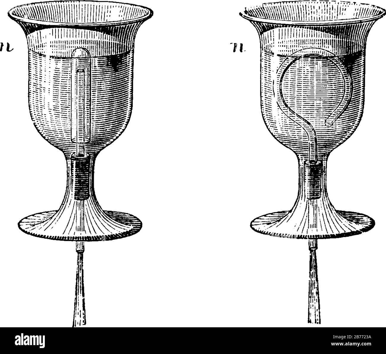 A cup or vase with hook shape tube in center often called Vase of Tantalus, this cup cannot be filled completely, vintage line drawing or engraving il Stock Vector