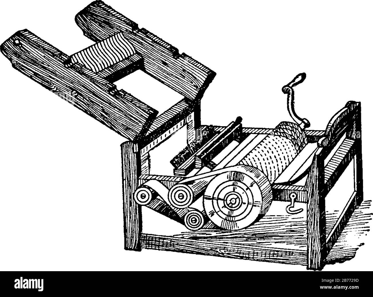 A machine Invented by Eli Whitney, quickly separates the cotton fibers from their seeds, enabling greater productivity than manual cotton separation, Stock Vector