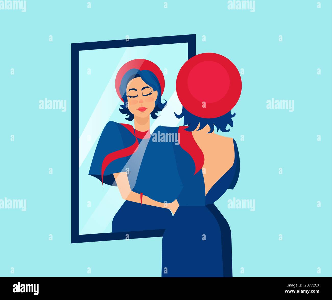 Vector of a beautiful stylish woman admiring herself in a mirror. Stock Vector