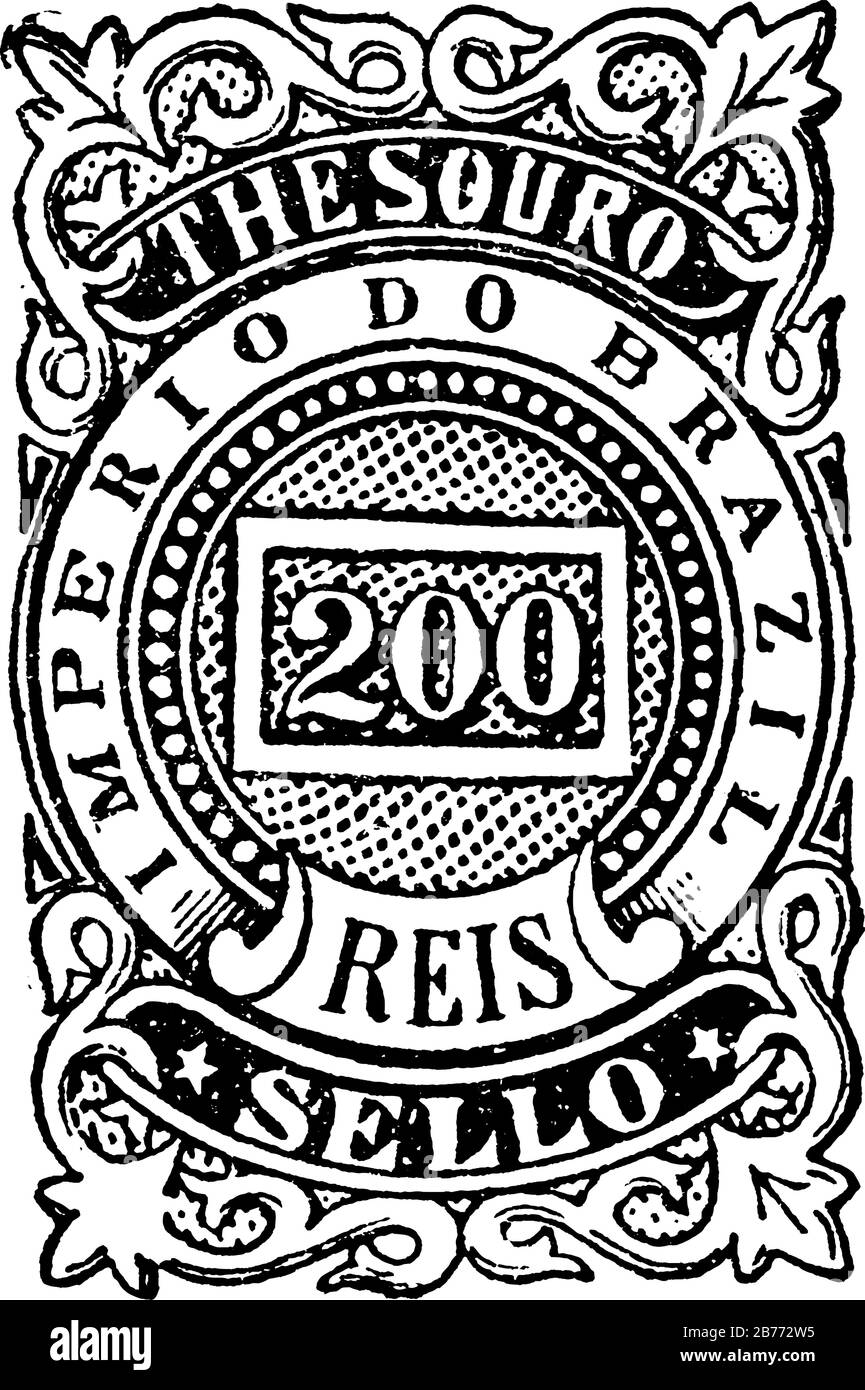 Brazil Revenue Stamp (200 reis) from 1887, a small adhesive piece of paper was stuck to something to show an amount of money paid, mainly a postage st Stock Vector