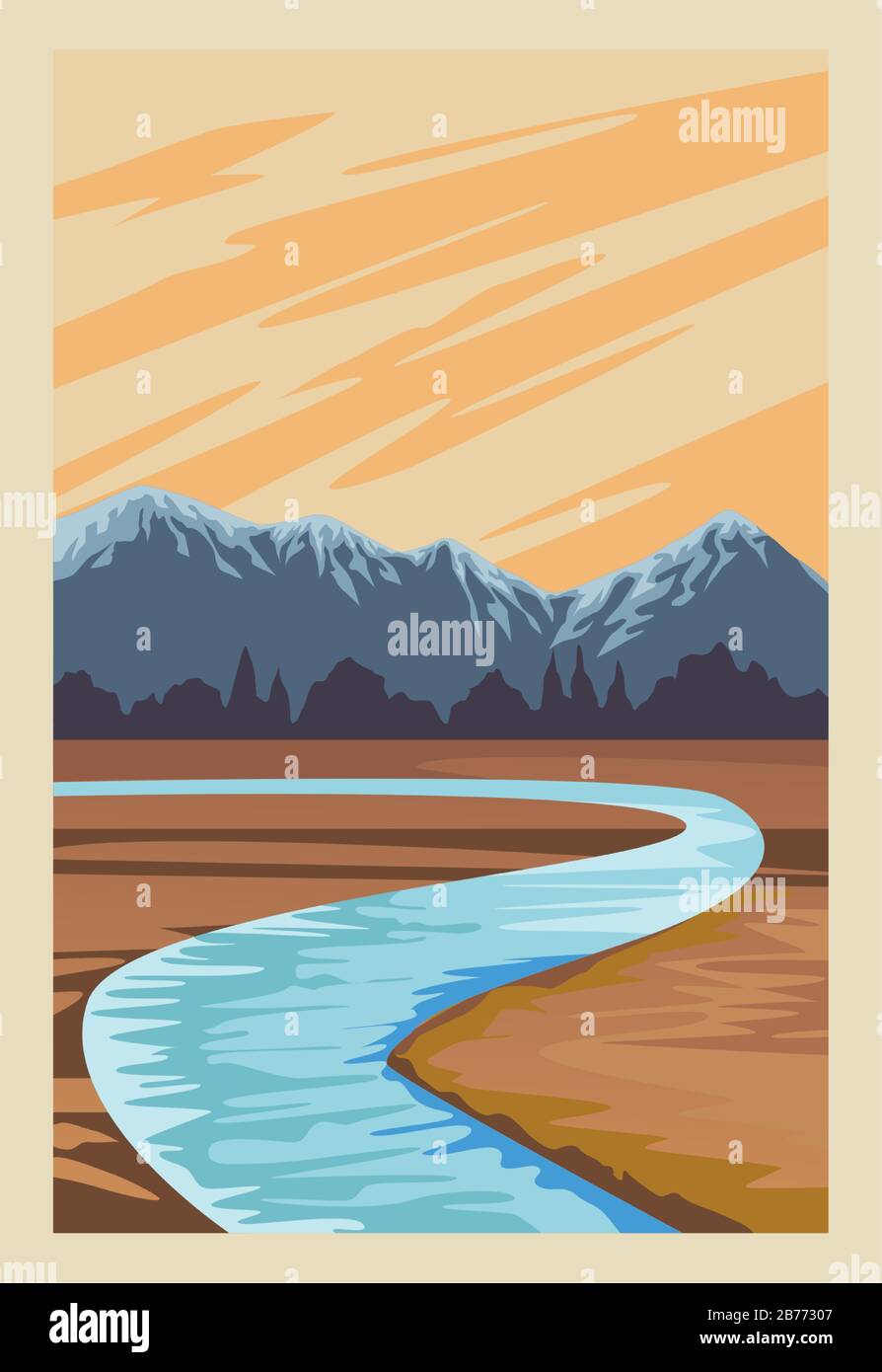 beautiful landscape with river and mountains scene Stock Vector Image ...