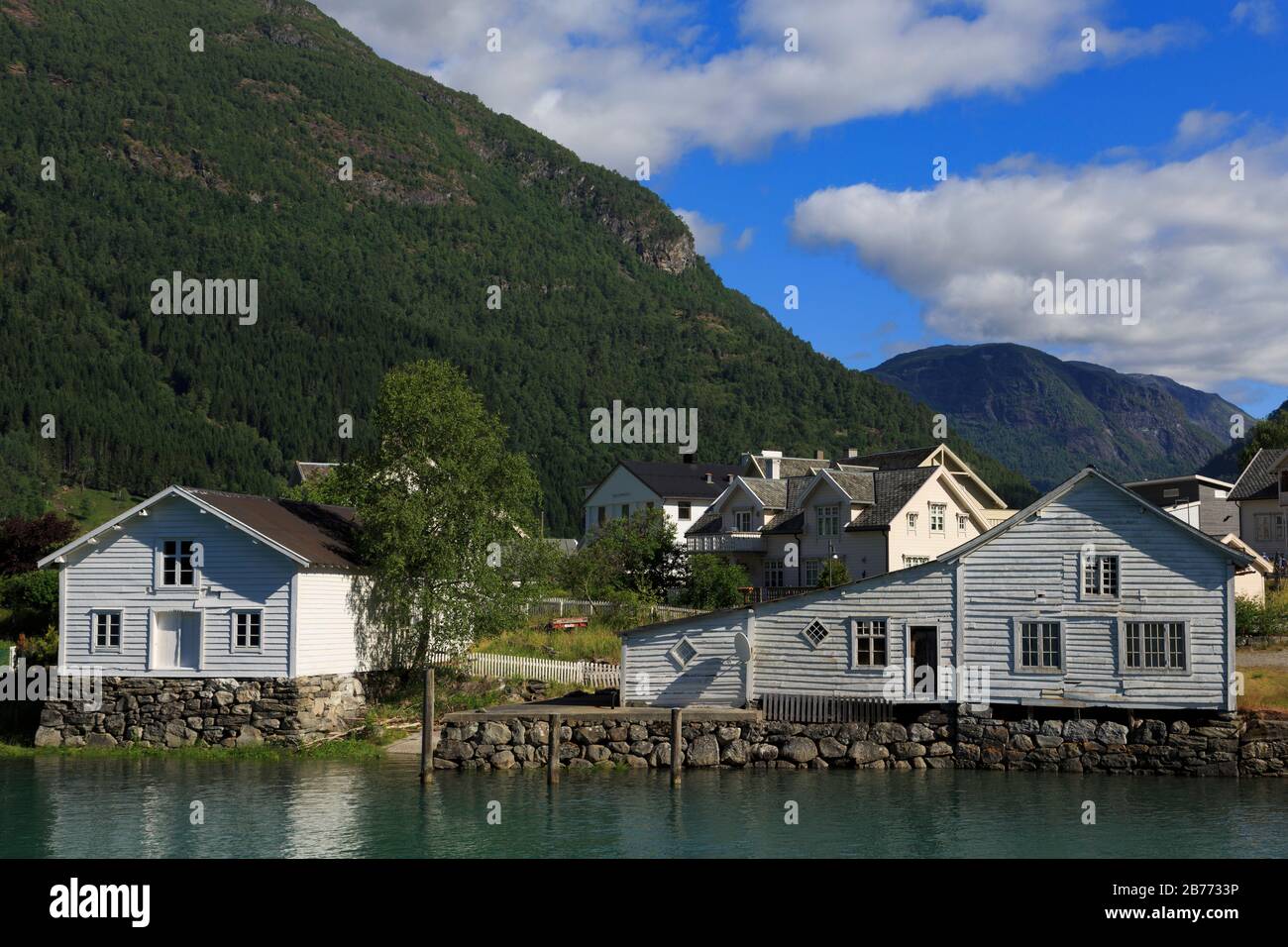 Buildings & Eidselvi River, Skjolden Village, Sognefjord, Sogn og Fjordane County, Norway Stock Photo