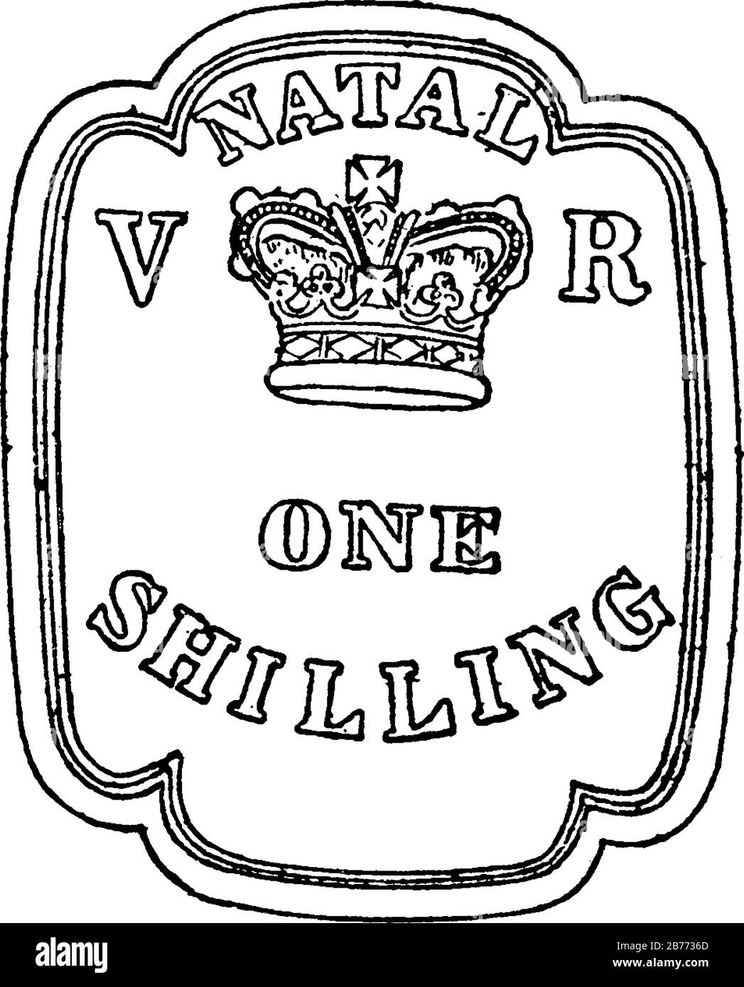 Natal Stamp (1 shilling) from 1857, a small adhesive piece of paper stuck to something to show an amount of money paid, mainly a postage stamp, vintag Stock Vector