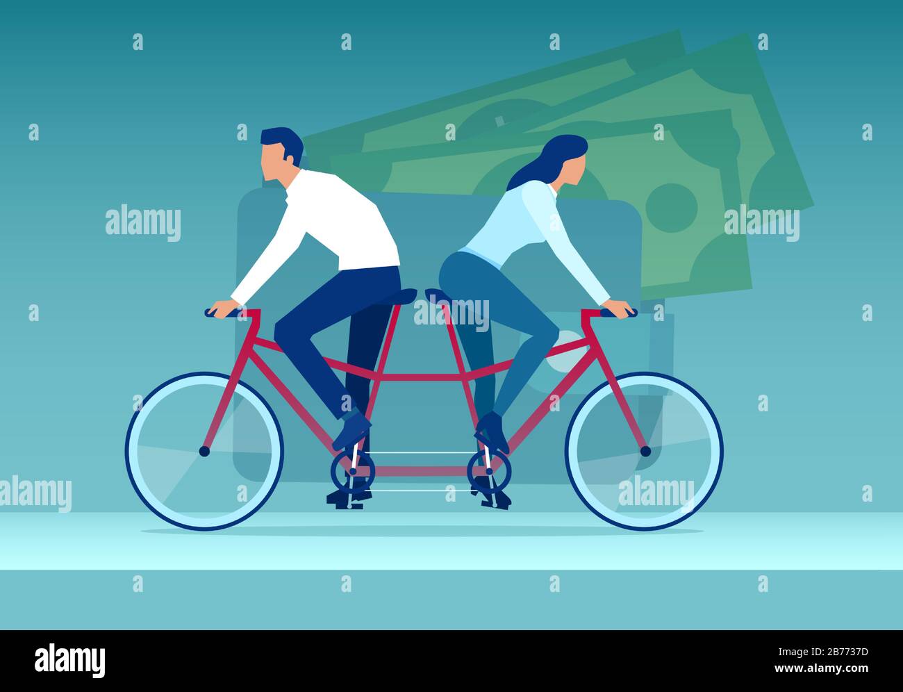 Vector of a young couple woman and man riding tandem bicycle in
