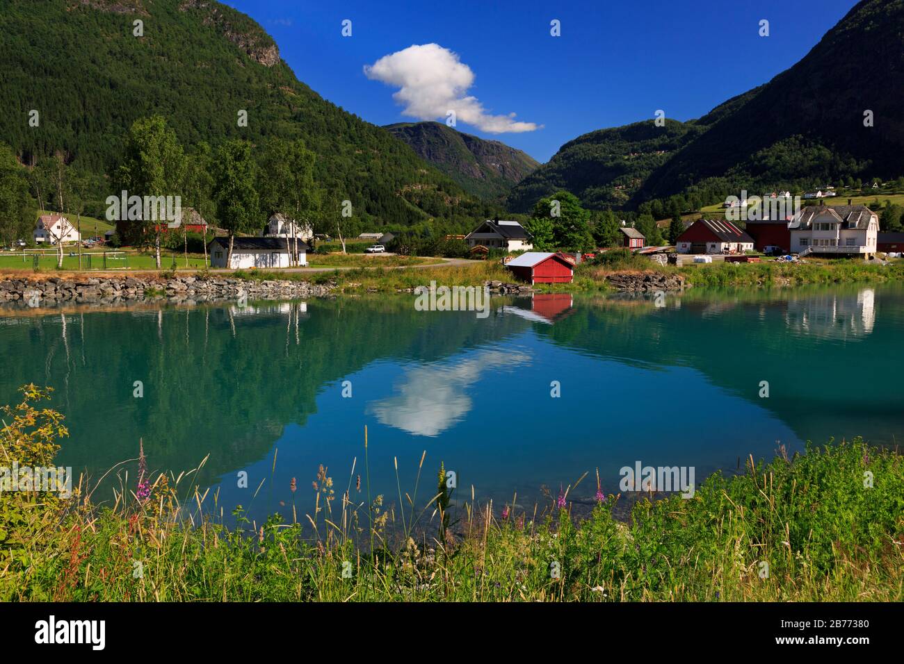Farm along Floane River, Skjolden Village, Sognefjord, Sogn og Fjordane County, Norway Stock Photo