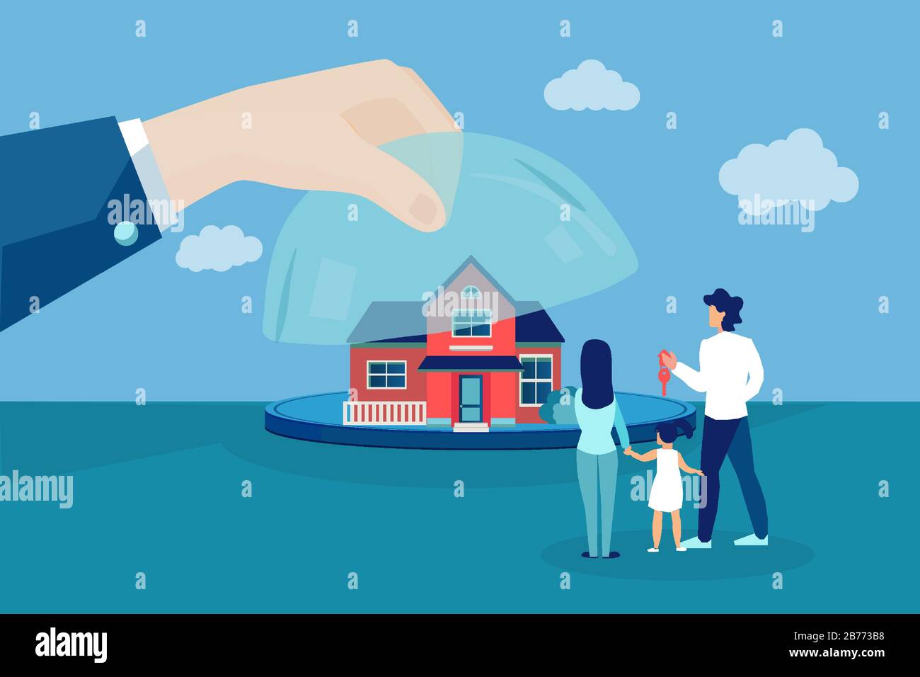 Vector of a young family looking at a new house offered by real estate agent Stock Vector