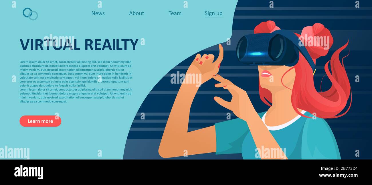 Landing page vector of a young woman touching air during VR experience Stock Vector