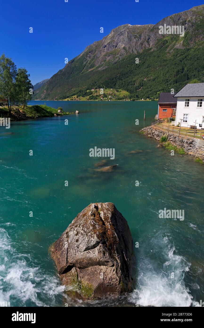 Eidselvi River, Skjolden Village, Sognefjord, Sogn og Fjordane County, Norway Stock Photo