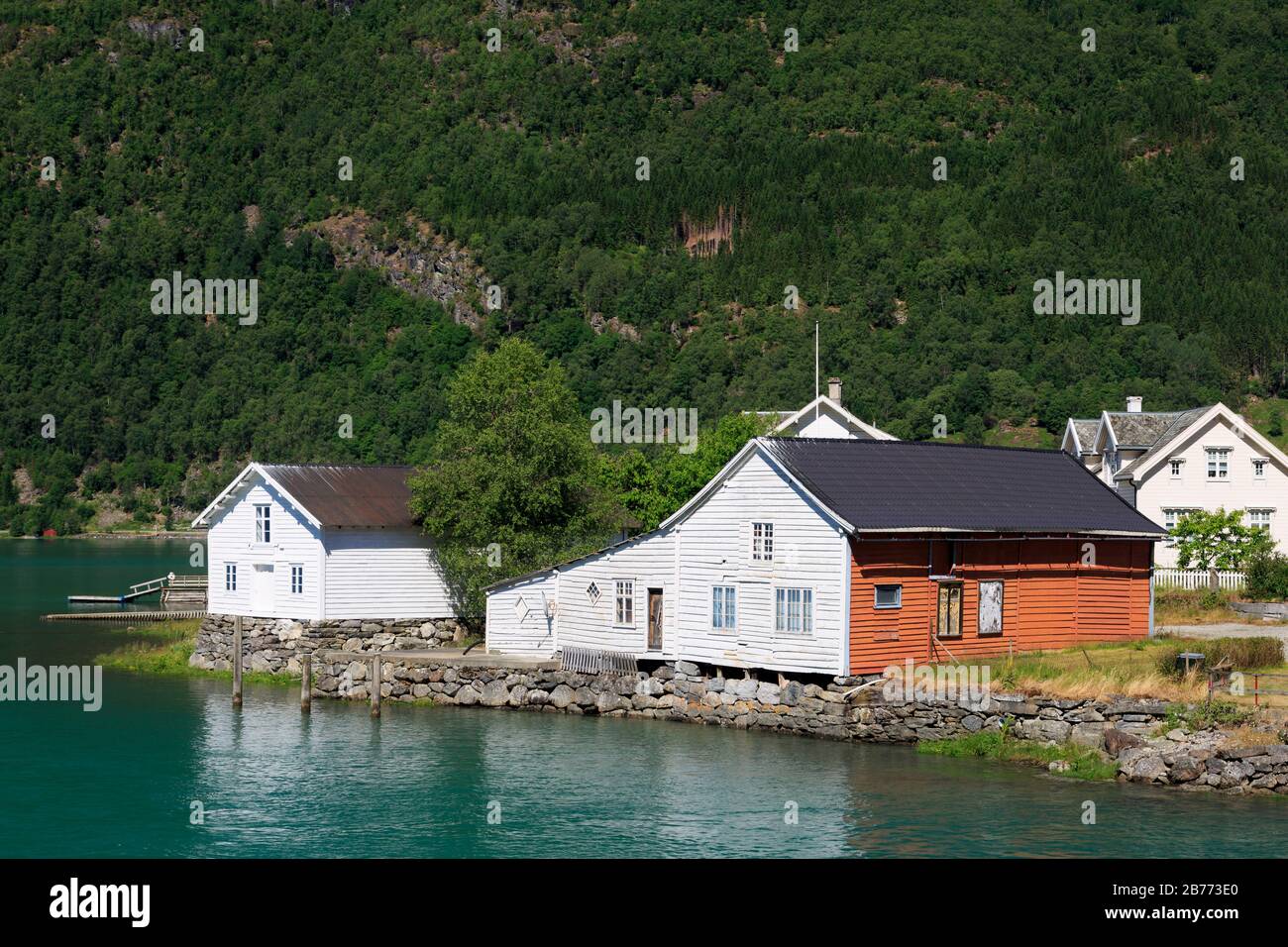 Buildings & Eidselvi River, Skjolden Village, Sognefjord, Sogn og Fjordane County, Norway Stock Photo