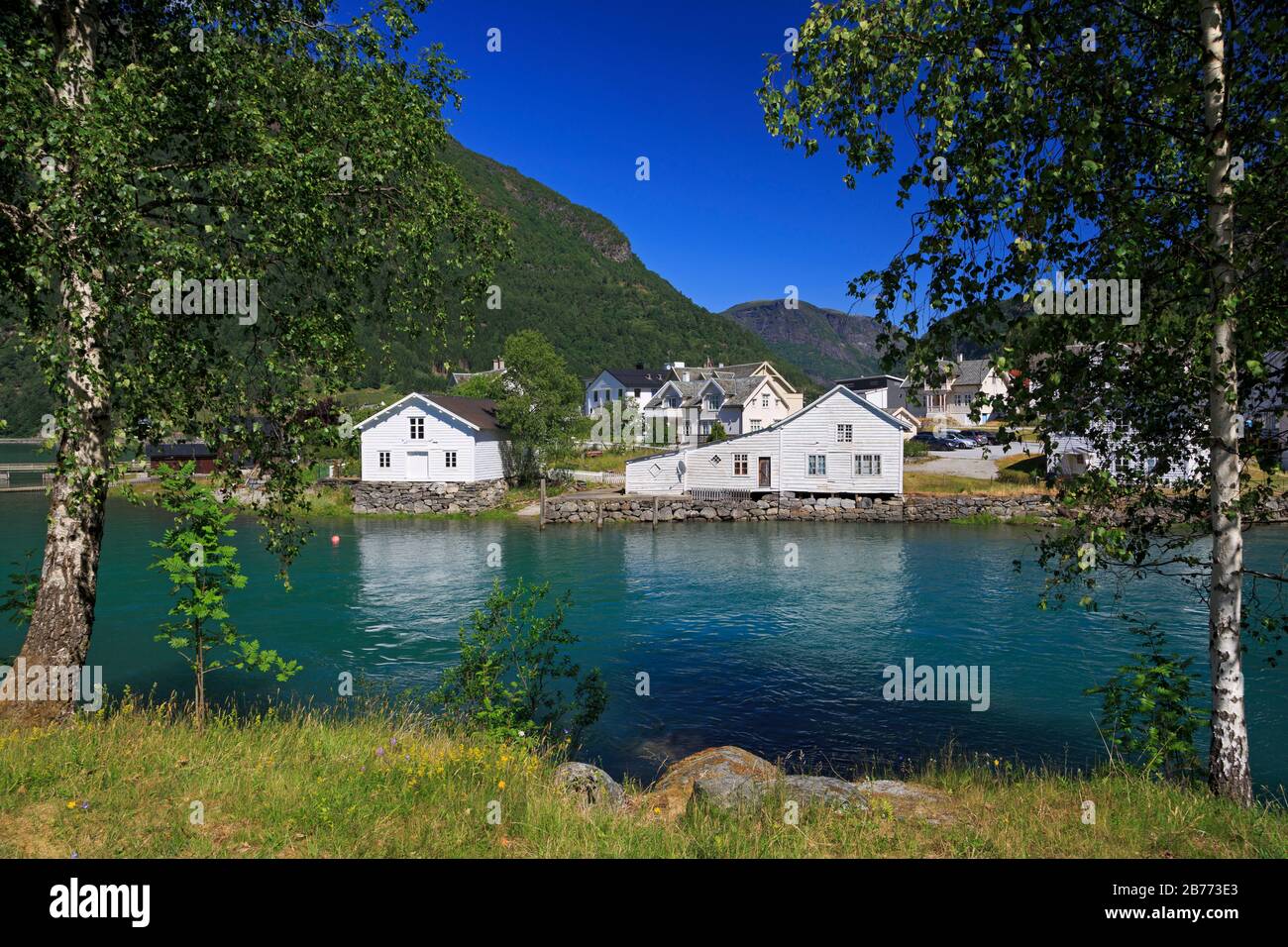 Buildings & Eidselvi River, Skjolden Village, Sognefjord, Sogn og Fjordane County, Norway Stock Photo