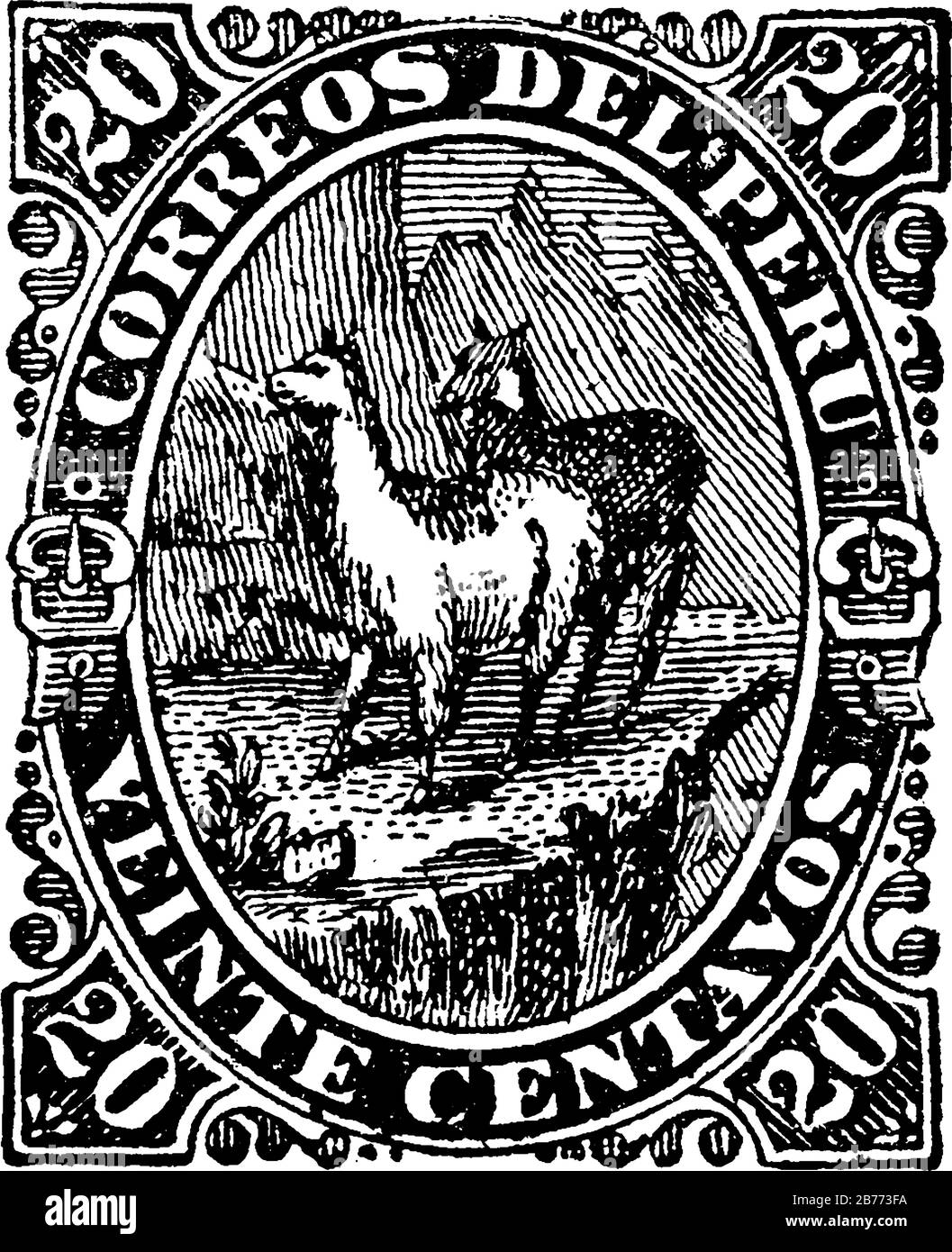 Peru Stamp (20 centavos) from 1866-1867, a small adhesive piece of paper was stuck to something to show an amount of money paid, mainly a postage stam Stock Vector