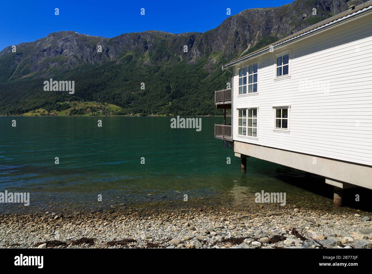 Holiday home, Skjolden Village, Sognefjord, Sogn og Fjordane County, Norway Stock Photo