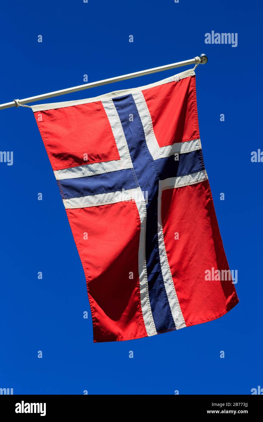 National Flag, Skjolden Village, Sognefjord, Sogn og Fjordane County, Norway Stock Photo