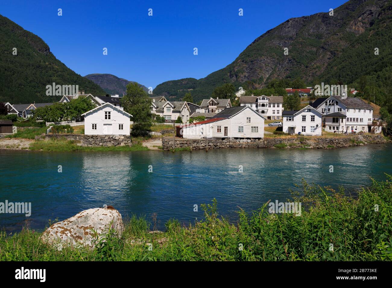Buildings & Eidselvi River, Skjolden Village, Sognefjord, Sogn og Fjordane County, Norway Stock Photo