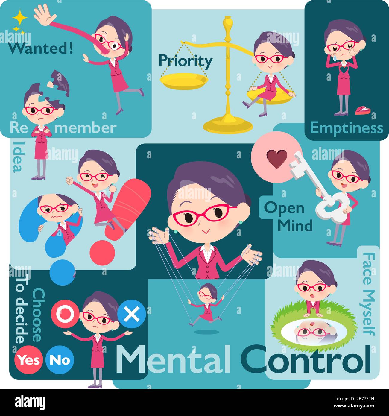 A set of women who control emotions.A variety of image illustrations expressing self emotion.It's vector art so it's easy to edit. Stock Vector
