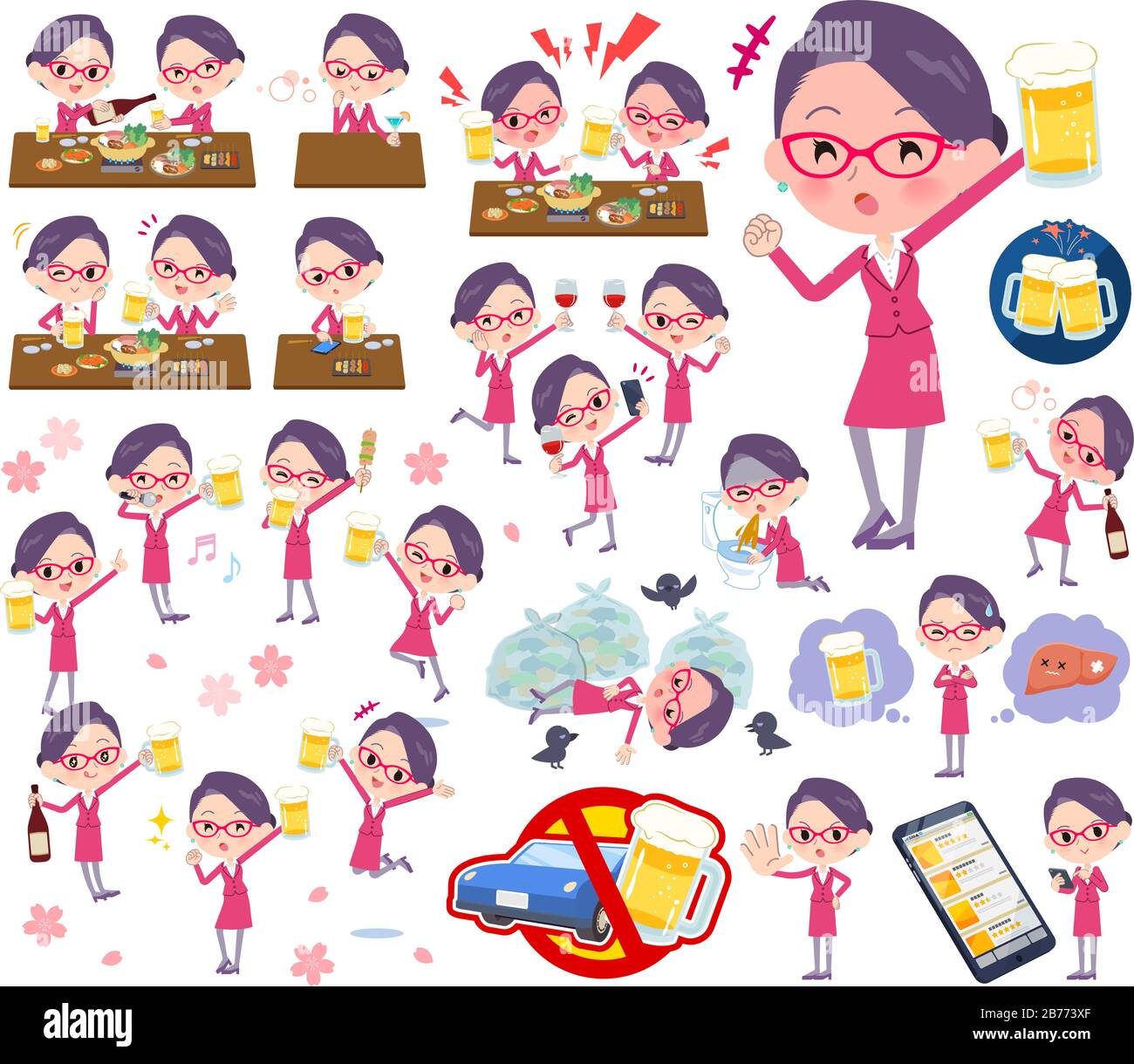 A set of women related to alcohol.There is a lively appearance and action that expresses failure about alcohol.It's vector art so it's easy to edit. Stock Vector