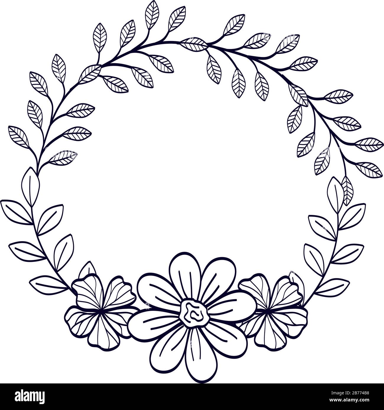 frame circular of flowers with branches and leafs line style Stock ...