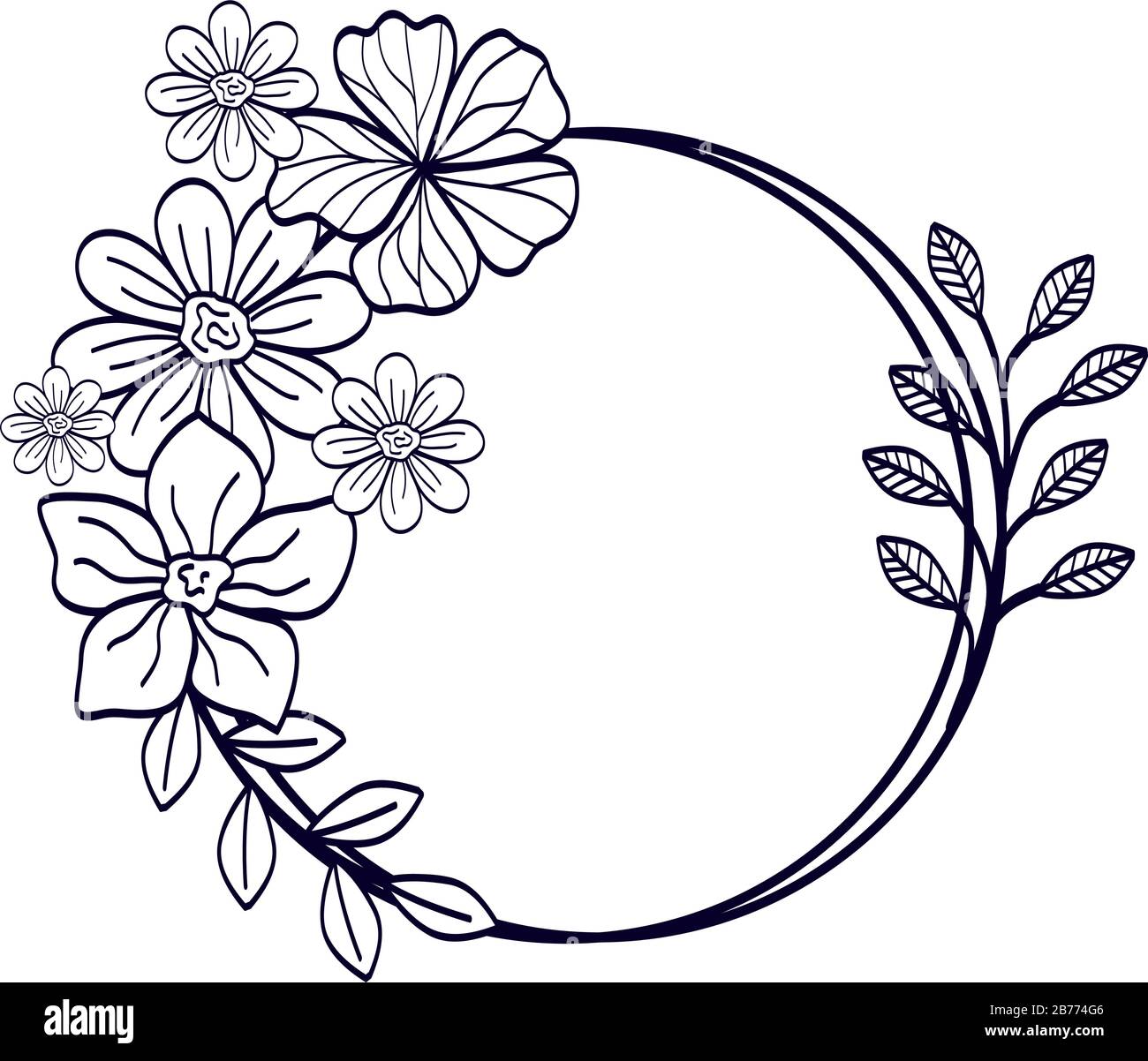 frame circular of flowers with branches and leafs line style Stock ...