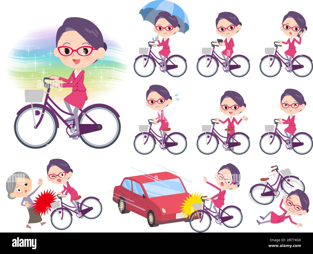 A set of women riding a city cycle.There are actions on manners and troubles.It's vector art so it's easy to edit. Stock Vector
