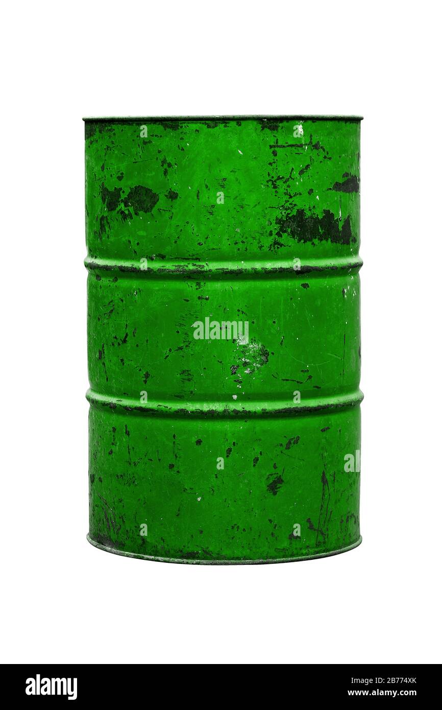 Barrel Oil green Old isolated on background white, bin bag garbage, Bin,Trash, Garbage, Rubbish, Stock Photo