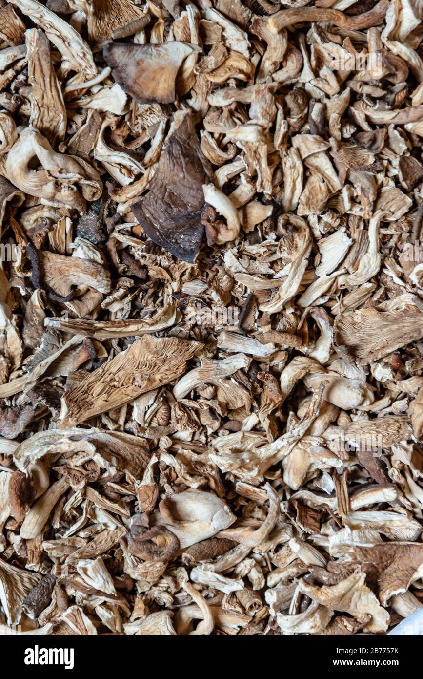 Top view of dried mushroom slices food background texture Stock Photo