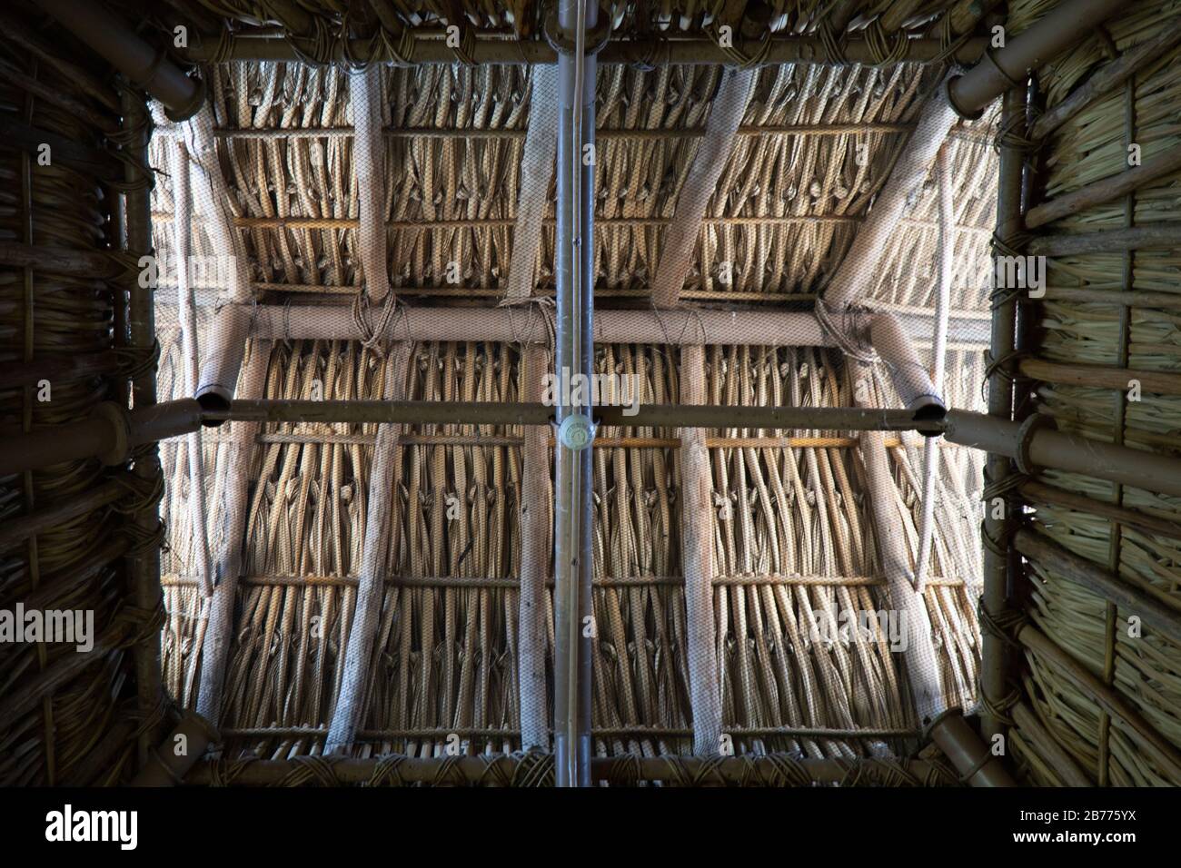 Low angle view of a thatch ceiling and a chain-link fence under it ...