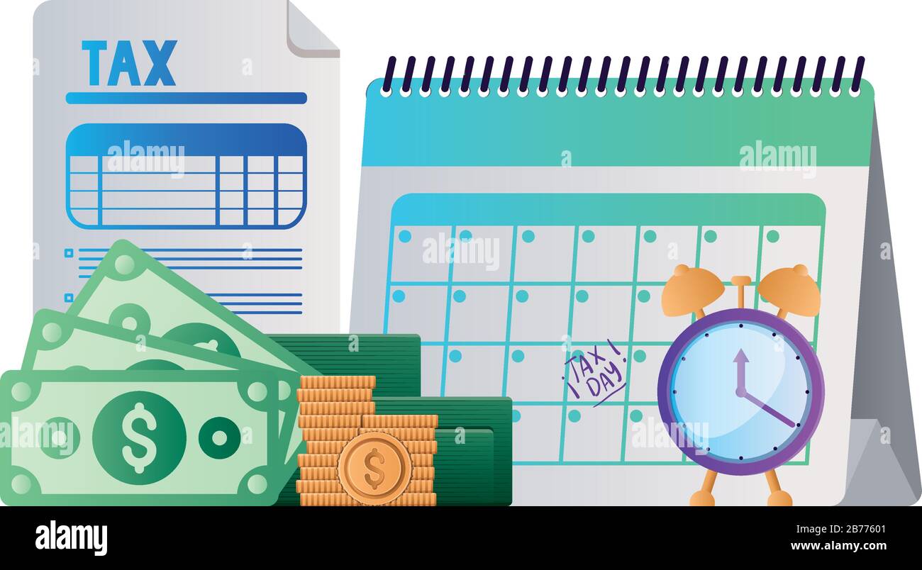 tax day calendar clock document bills and coins vector design Stock