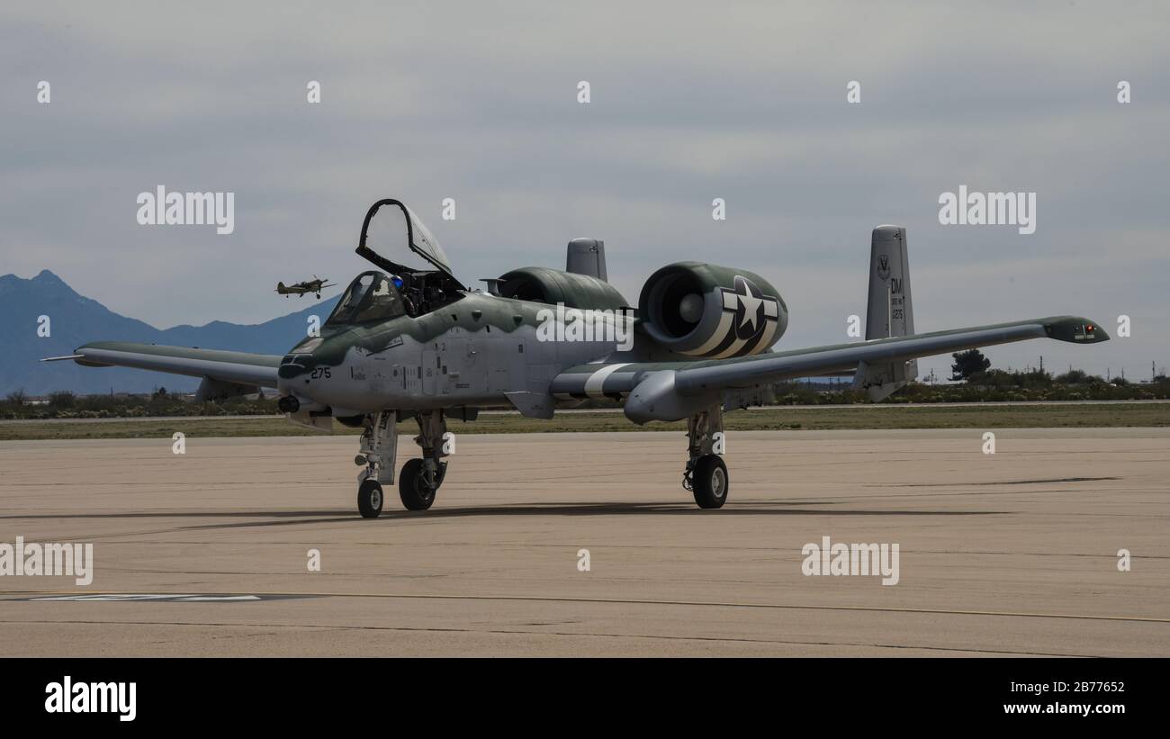 A U.S. Air Force A-10 Thunderbolt II, assigned to the A-10C Thunderbolt II Demonstration Team, taxis down the flight line at Davis-Monthan Air Force Base, Arizona, Feb. 27, 2020. The A-10 Demonstration Team performs in over 20 shows a year internationally to hundreds of thousands of fans. (U.S. Air Force photo by 2nd Lt. Casey E. Bell) Stock Photo