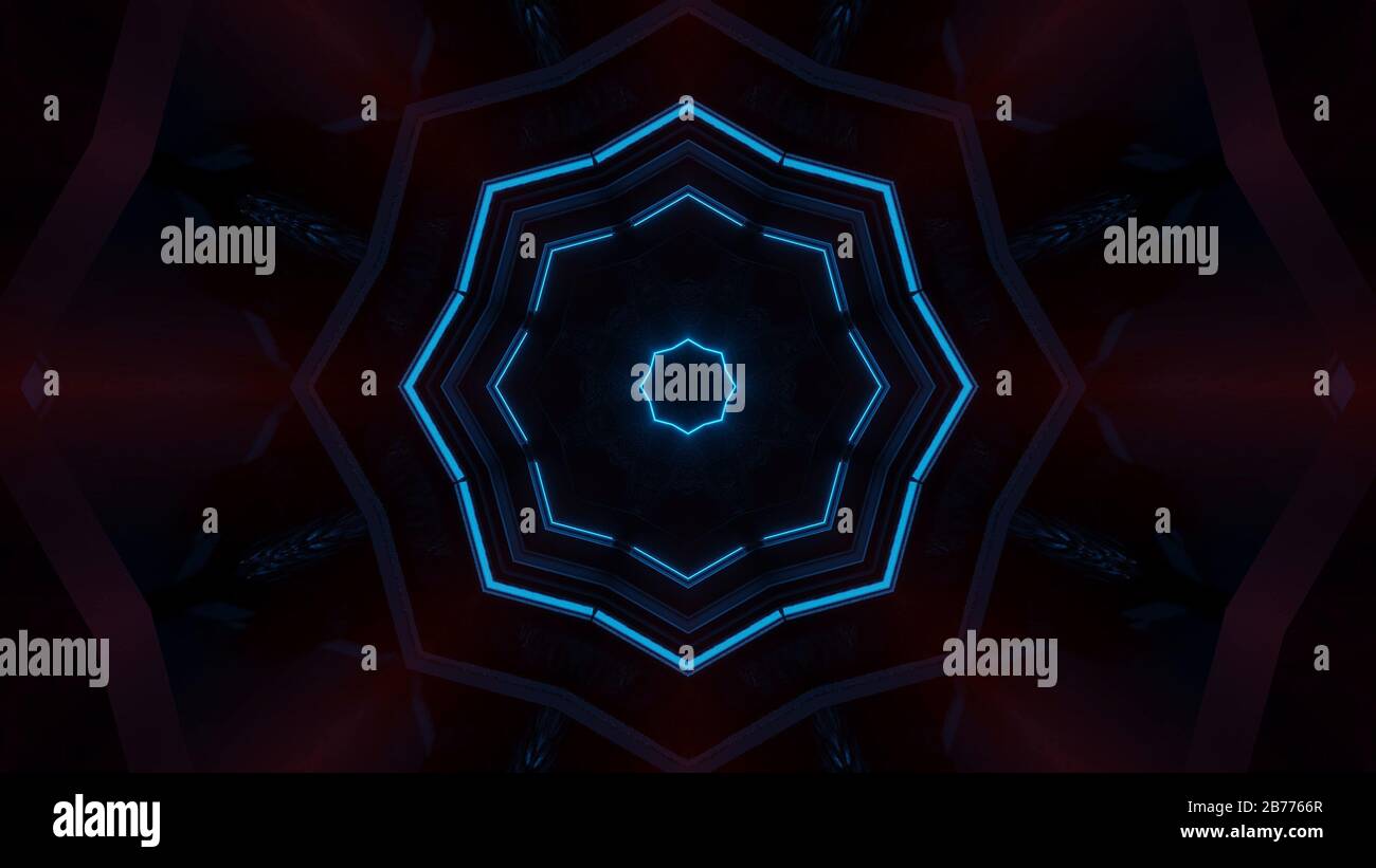 Rendering abstract futuristic background with a glowing neon blue ...
