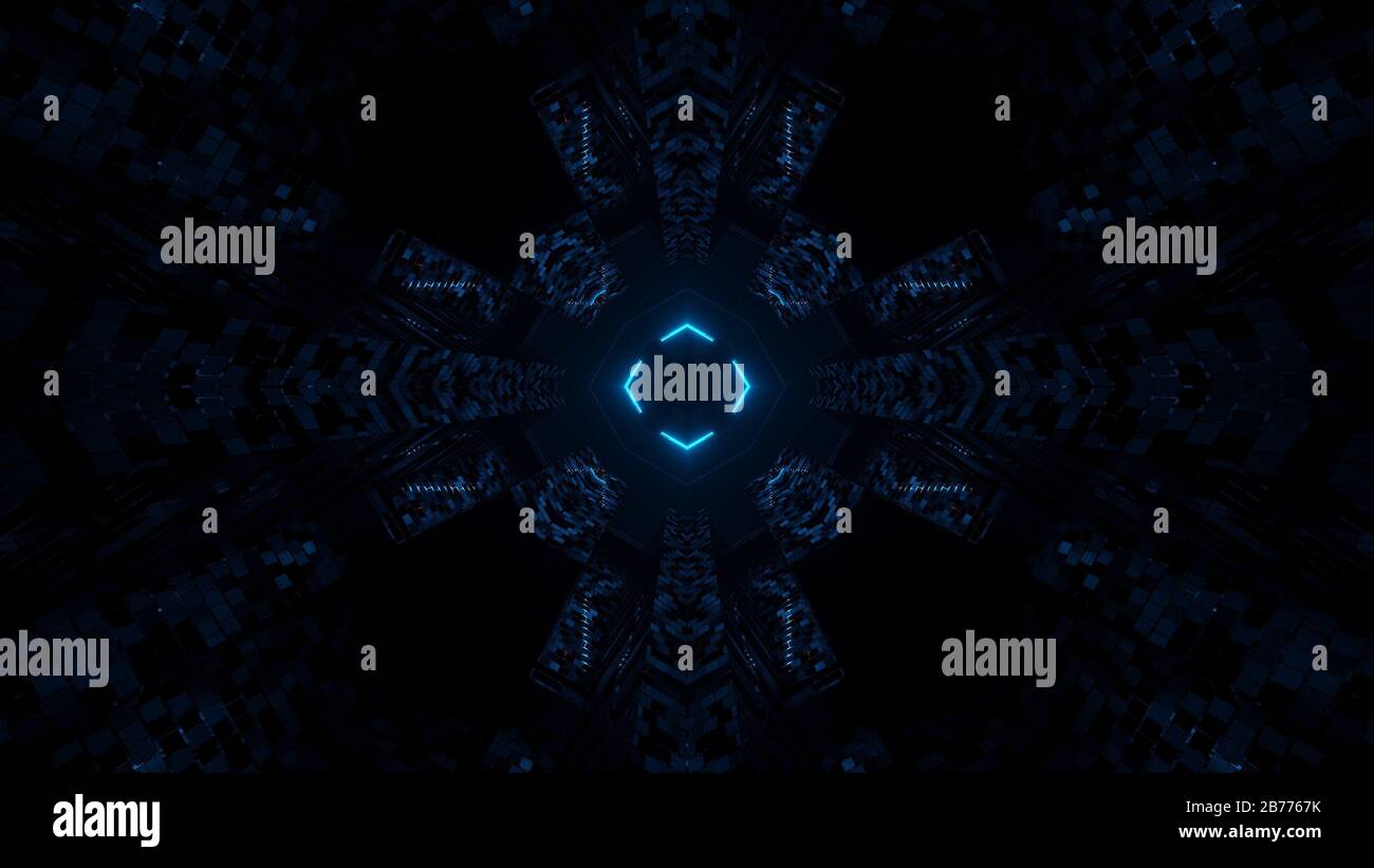 Rendering abstract futuristic background with a glowing neon blue ...