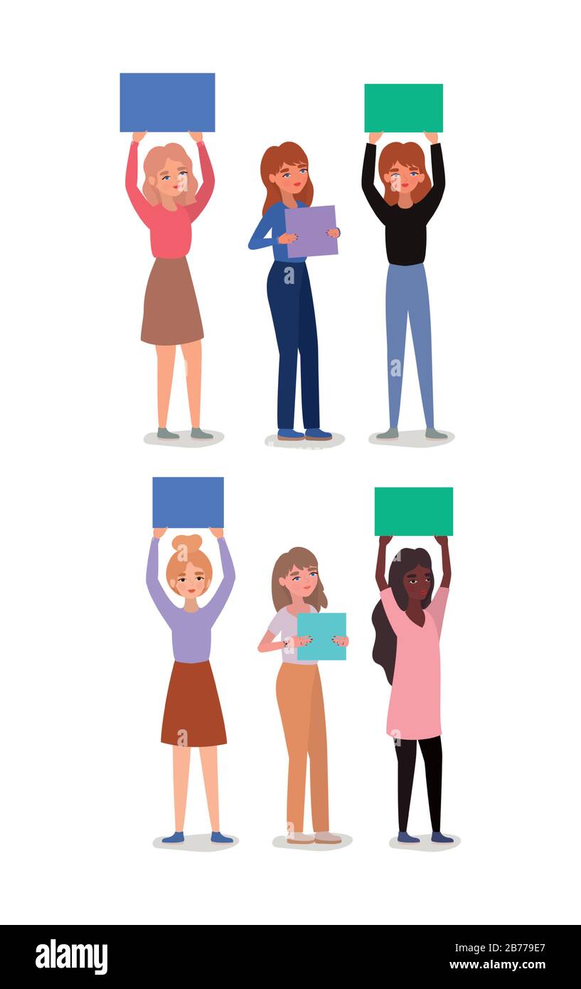 Women avatars holding banners vector design Stock Vector
