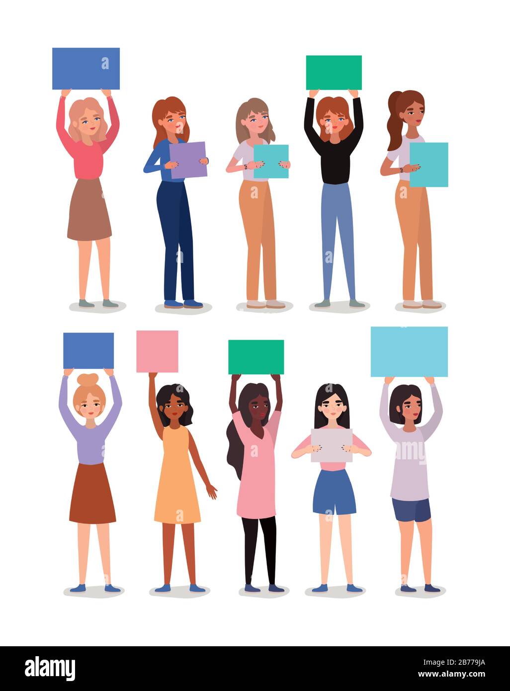 Women avatars holding banners vector design Stock Vector