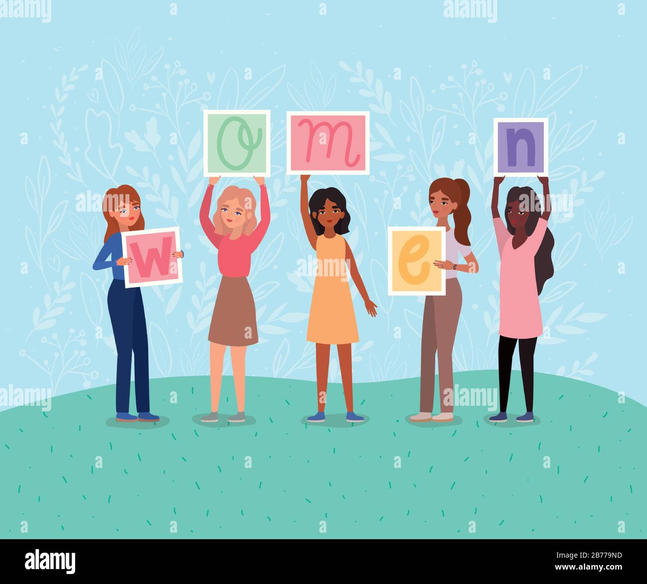 Women avatars holding banners vector design Stock Vector
