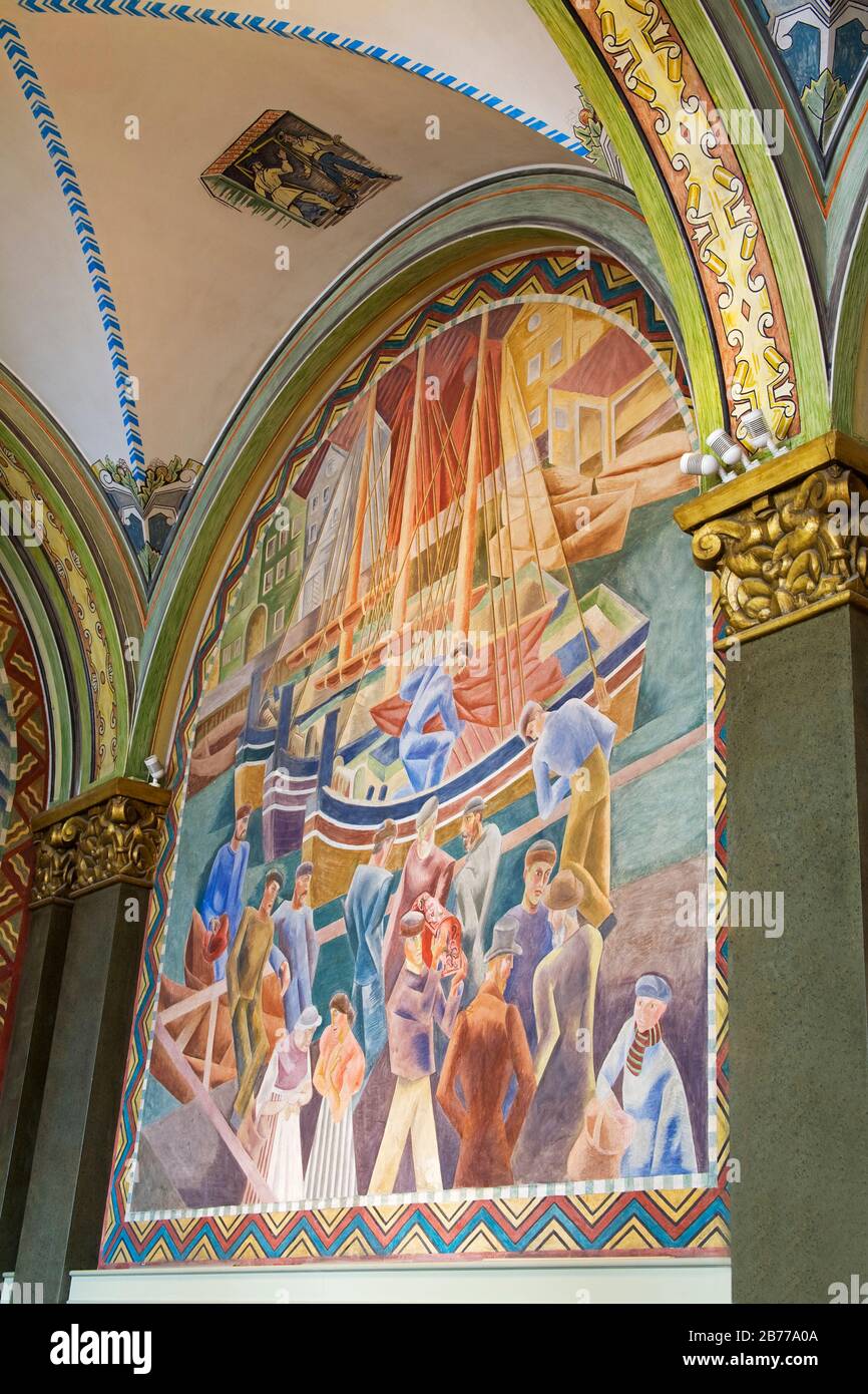 Axel Revold' murals in Fresco Hall, Old Bergen Exchange Building, Bergen City, Hordaland District, Norway Stock Photo