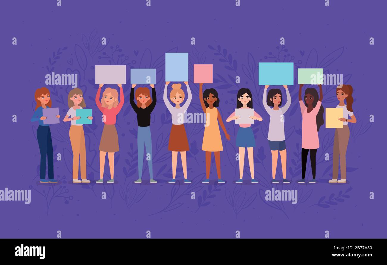 Women avatars holding banners vector design Stock Vector