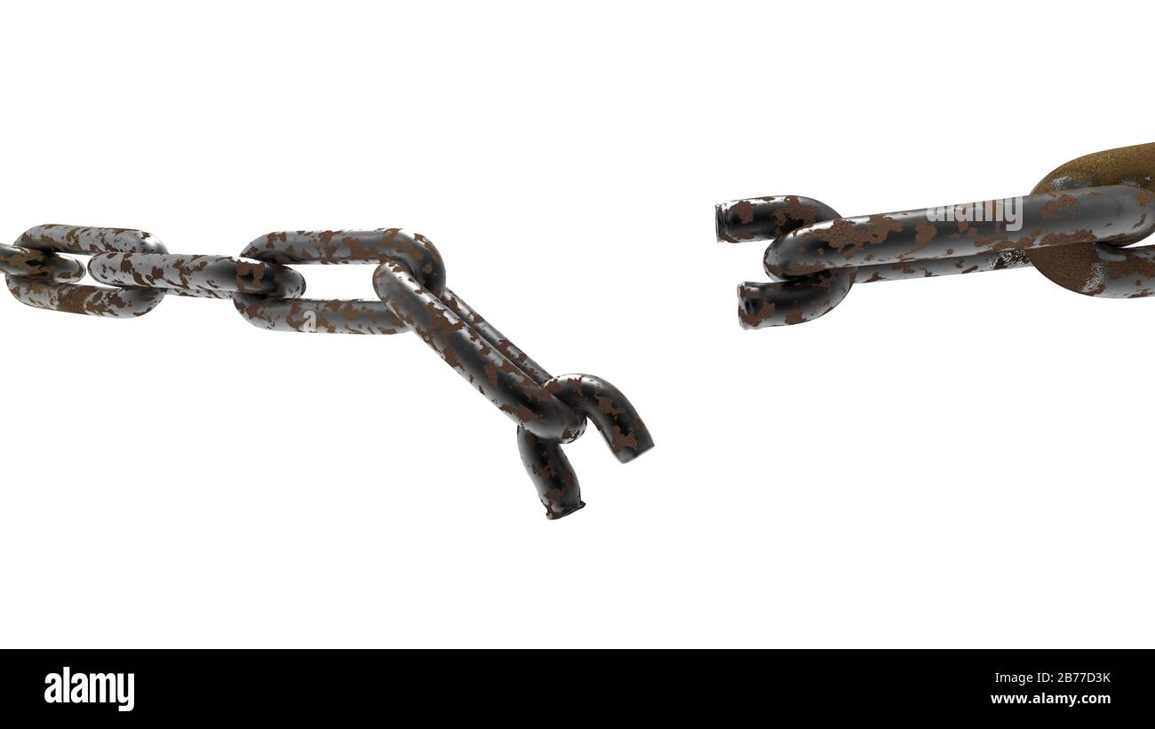 The 3d rendering of iron chain broken isolated with white Stock Photo